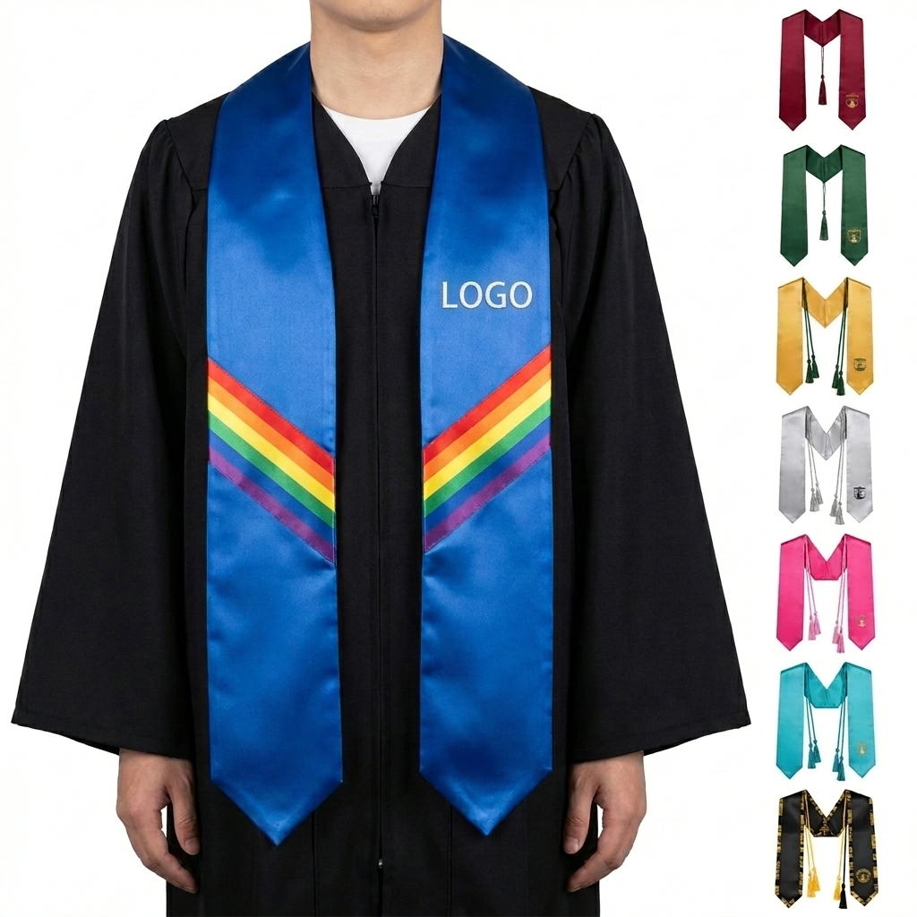 Customizable Rainbow Stripe Graduation Stole with Printed Logo